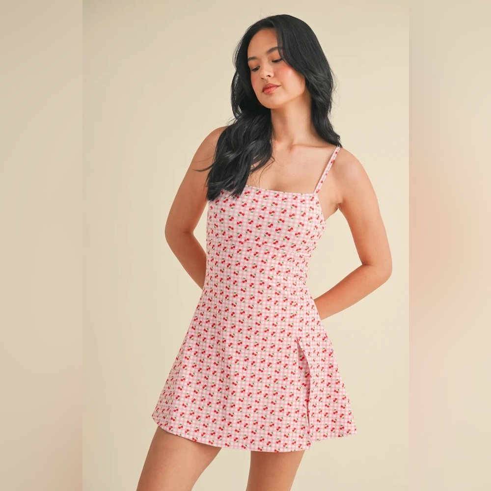 Pink Cherry Gingham Dress with Shorts